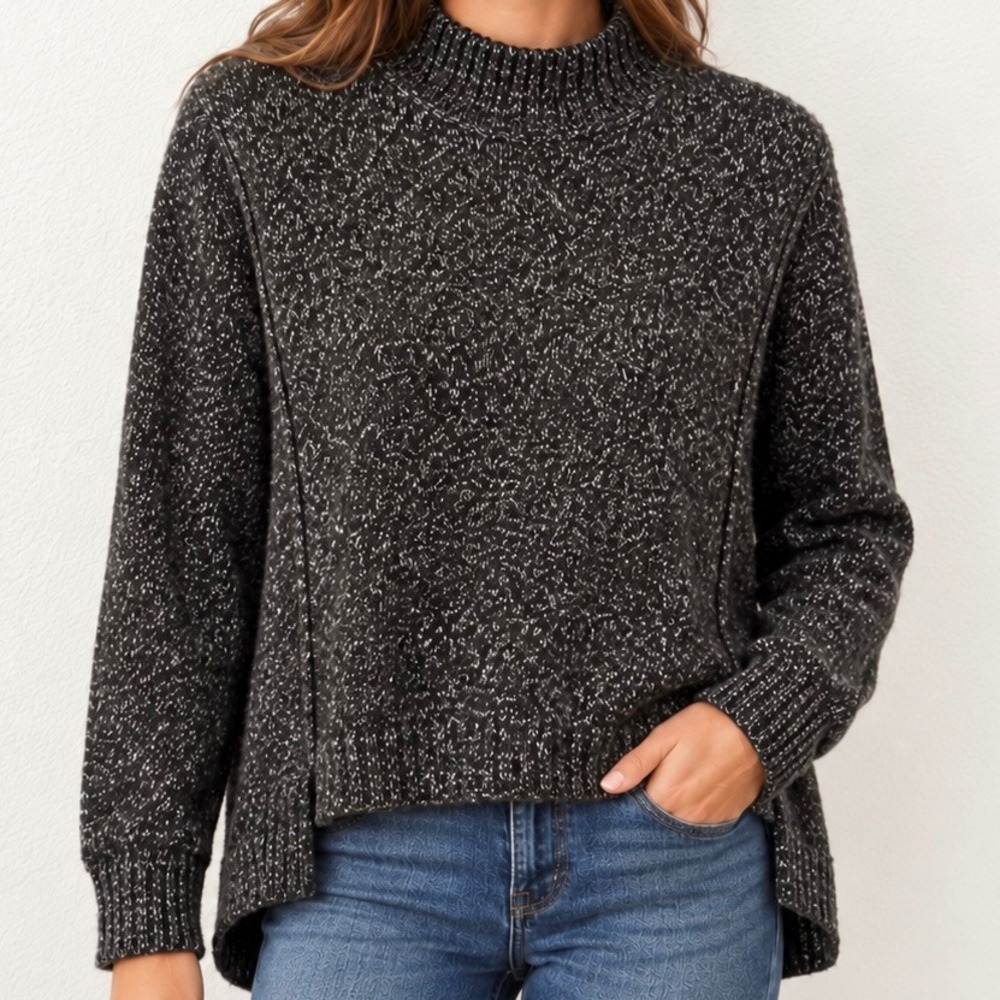 John + Jenn Marled Mock Neck Sweater Charcoal Gray Large Pullover High Low Slit